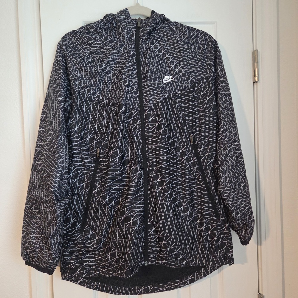 Nike Women's Windrunner RU Grid Print Hooded Jacket Black White Geometric M